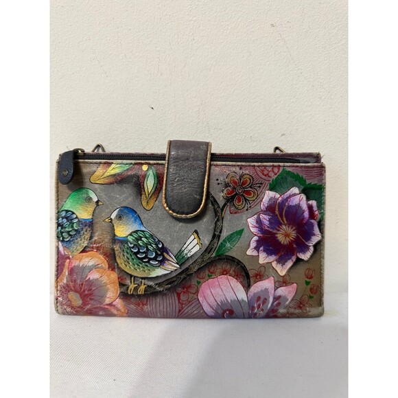 ANUSCHKA HANDPAINTED LEATHER WALLET/CELLPHONE BAG NO STRAP - Picture 1 of 7